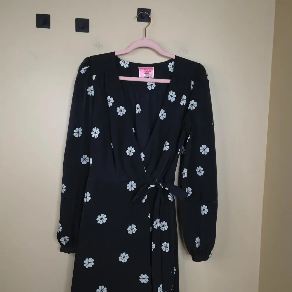 Kate Spade Long Sleeve Spade Clover Wrap Dress in Black Size 12